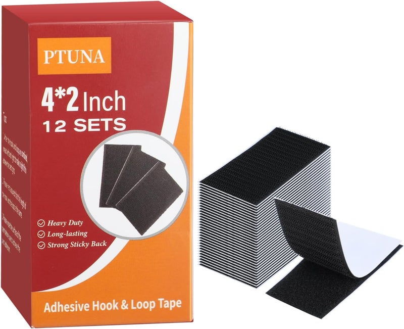 PTUNA 12 Sets 4×2 Inch Hook and Loop Patches, Heavy Duty Fasteners with Strong Sticky Back, Double Sided Adhesive Strips, Perfect for Home, Office or Classroom-Halloween Decorations,Black - Image 1